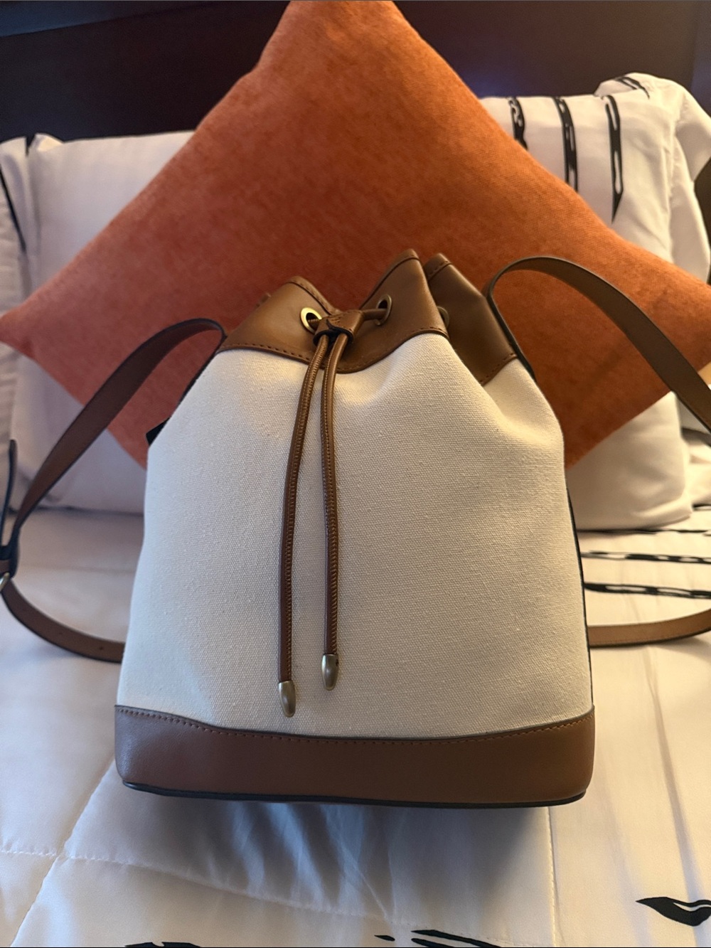 Cream Canvas Bucket Backpack with Brown Trim